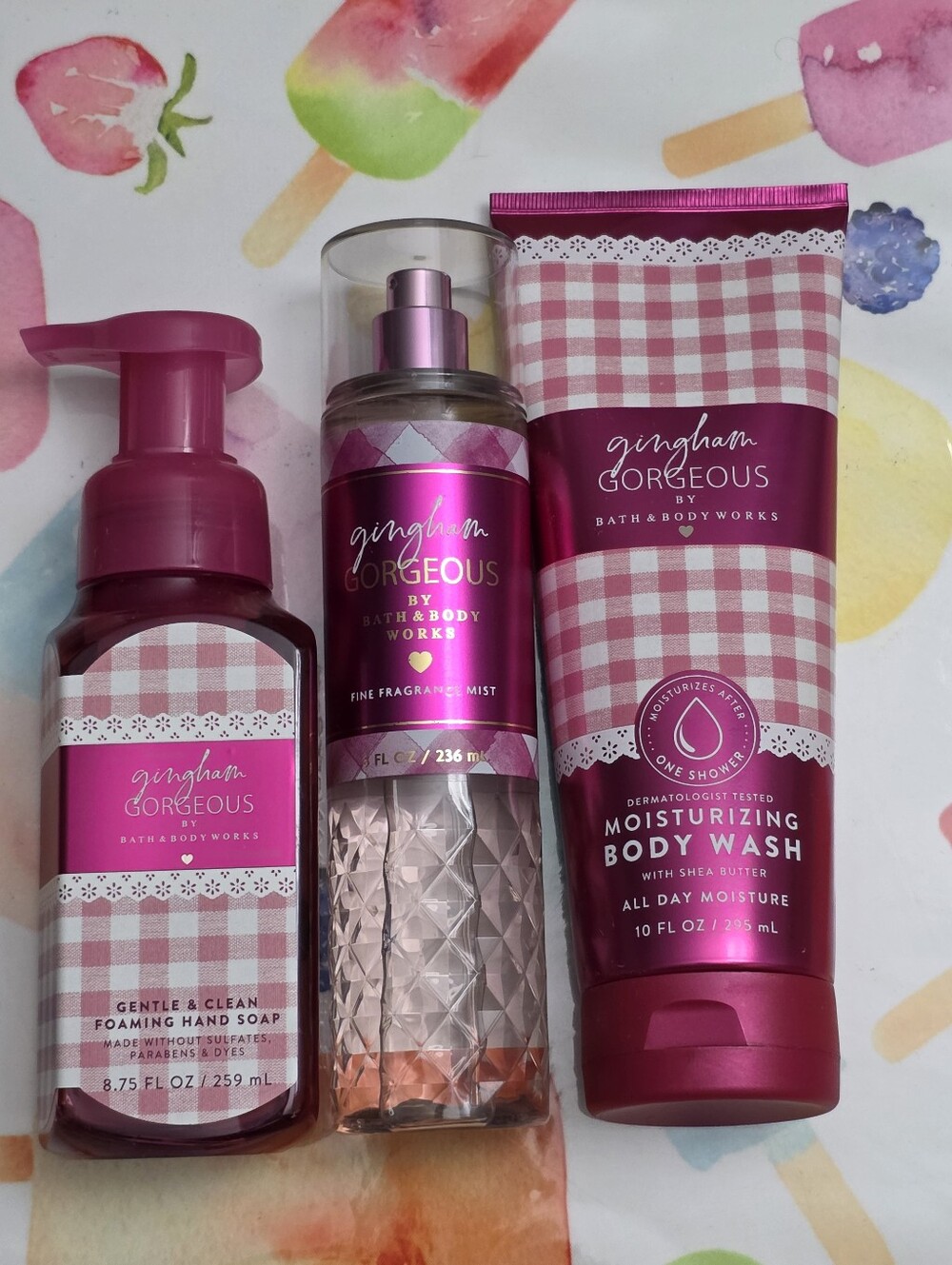 Bath & Body Works Gingham Gorgeous Pink Foaming Soap, Mist & Body Wash 3pc Set
